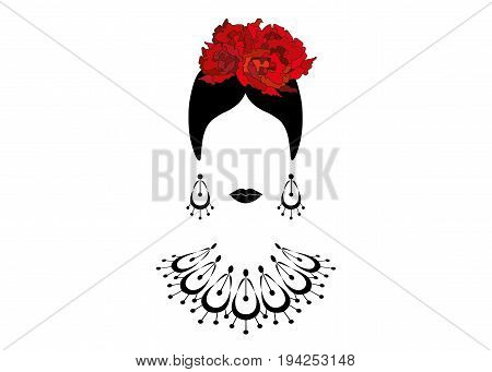 Portrait of modern Latin or Spanish woman , Lady with necklace crafts and red flowers , Icon isolated, Vector illustration transparent background