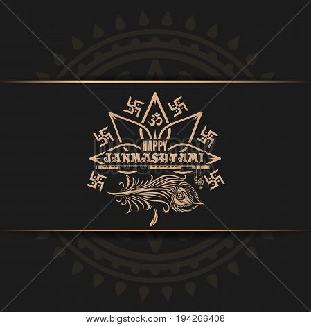 Krishna Janmashtami logo design on black background. Greeting card for celebrating Krishna birthday. Vector illustration