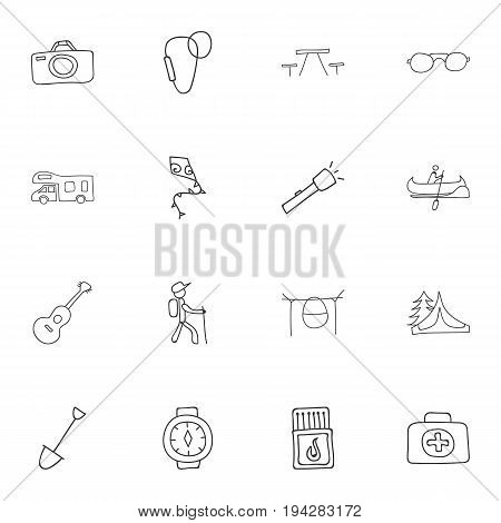Set Of 16 Editable Trip Icons. Includes Symbols Such As Hiker, Flashlight, Picnic And More. Can Be Used For Web, Mobile, UI And Infographic Design.