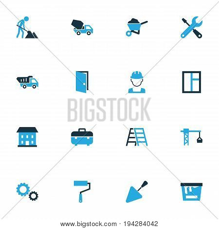 Construction Colorful Icons Set. Collection Of Maintenance, Putty Knife, Worker And Other Elements. Also Includes Symbols Such As Hook, Case, Truck.