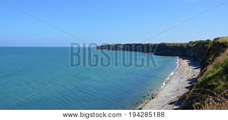 POINTE DU HOC FRANCE - AUG 12: The cliffs next to the Ranger Monument at Pointe Du Hoc France are shown here on August 12 2016.