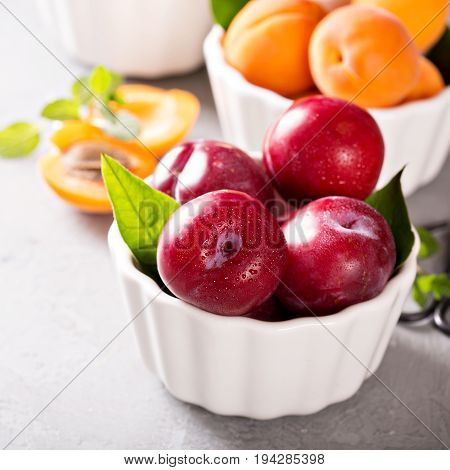 Various fresh tasty fruits in white bowls with plums, apricots and grapes