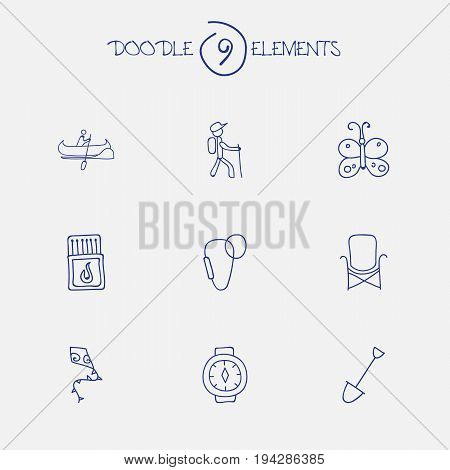 Set Of 9 Editable Camping Icons. Includes Symbols Such As Boat, Beauty Insect, Flying Toy And More. Can Be Used For Web, Mobile, UI And Infographic Design.