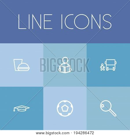 Set Of 6 Editable Science Icons. Includes Symbols Such As Ball, Academic Hat, Bus And More. Can Be Used For Web, Mobile, UI And Infographic Design.