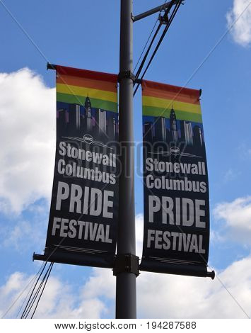 COLUMBUS OH - JUNE 27: A sign for the Stonewall Columbus Pride Festival in Columbus Ohio is shown on June 27 2017. It is the second largest LGBTQ Pride festival in the Midwes.