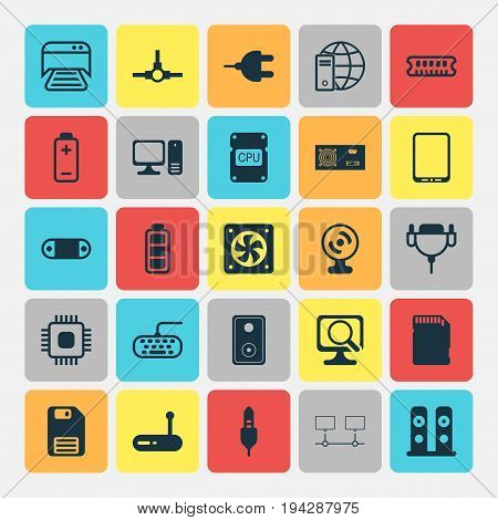 Hardware Icons Set. Collection Of Loudspeakers, Vga Cord, Aux Cord And Other Elements. Also Includes Symbols Such As Computer, Scan, Fan.