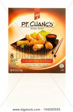 Winneconne WI - 7 July 2017: A box of P.F. Changs home menu chicken mini egg rolls on an isolated background.