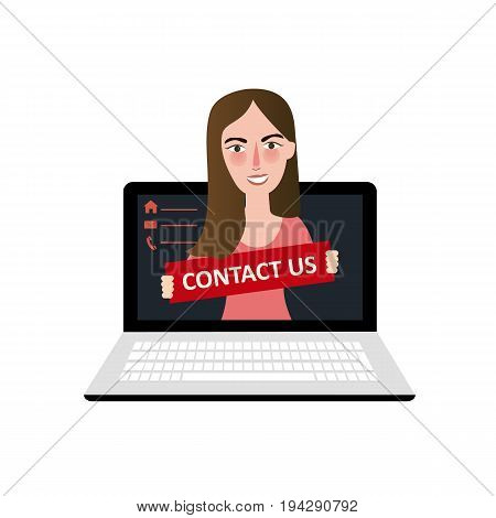 ontact us customer support online web girl on laptop notebook vector