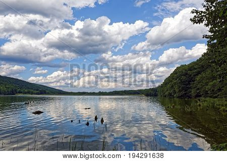 Beautiful cloud reflections at Locust Lake State Park in Schuylkill County Pennsylvania USA.