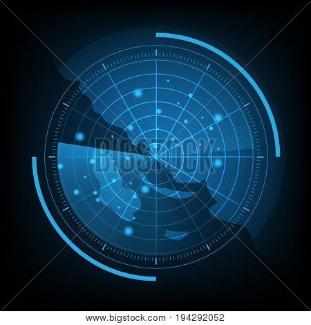 Blue radar screen with map, stock vector