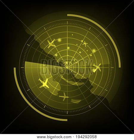 Yellow radar screen with airplane and map, stock vector