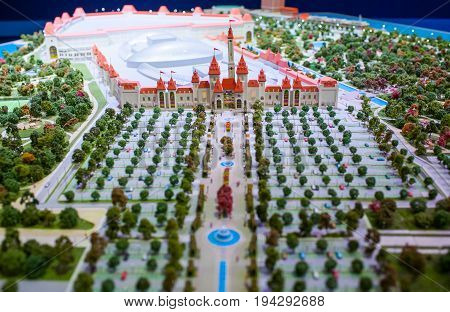 MOSCOW RUSSIA - July 06 2017 The model of the amusement park Dream Island which is planned to be built in 2018 in the Nagatinskaya floodplain in Moscow.
