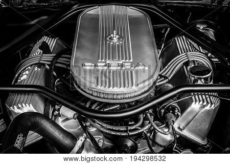 BERLIN - JUNE 17 2017: Engine of the Ford Shelby Mustang GT500 Eleanor. Close-up. Black and white. Classic Days Berlin 2017.