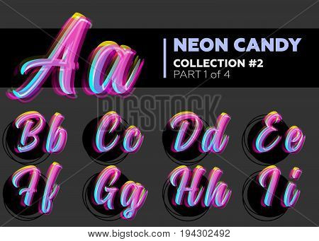 Vector Neon Character Typeset. Glowing Letters on Dark Background. Glitch Effect. Shining Candy Alphabet. Hand Drawn Retro Font for Summer Poster Night Club Banner Sale Banner.