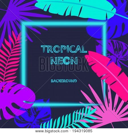 Tropic leaves the background with a neon lights frame for your text. Tropical flyer with exotic palm leaves and plants. A creative model of flowers and leaves with a paper card. The concept of nature