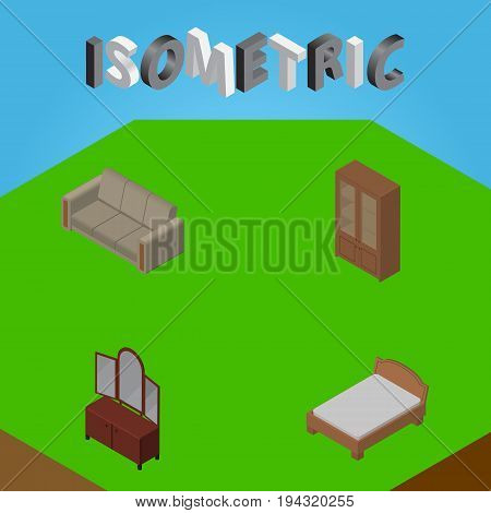 Isometric Furnishing Set Of Drawer, Bedstead, Couch And Other Vector Objects. Also Includes Furniture, Sideboard, Cupboard Elements.