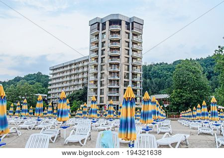 Albena, Bulgaria - June 15, 2017: Kaliakra Hotel Near The Black Sea Shore With Golden Sands, Umbrell