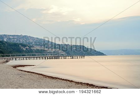The Black Sea Shore From Albena, Bulgaria With Golden Sands, Sun, Blue Mystic Water, Seaside Bridge