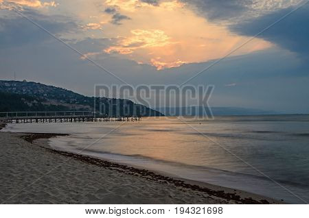 The Black Sea Shore From Albena, Bulgaria With Golden Sands, Sunset, Blue Mystic Water, Seaside Brid