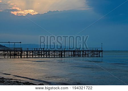 Sunset At The Black Sea Shore From Albena, Bulgaria With Golden Sands, Blue Mystic Water, Seaside Br