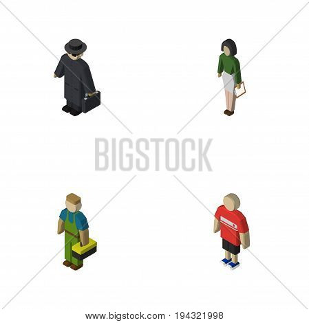Isometric People Set Of Pedagogue, Guy, Detective And Other Vector Objects. Also Includes Technician, Guy, Teacher Elements.
