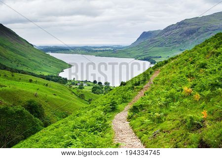 Wast Water lake, view from the path on the way to Scafell pike, the highest mountain in England, Lake District National Park, England, selective focus
