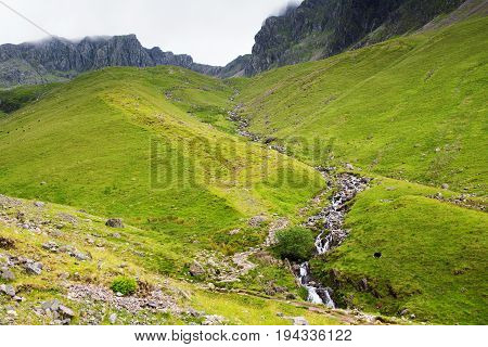 Beautiful views from the path on the way to Scafell pike, the highest mountain in England, Lake District National Park, England, selective focus