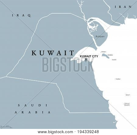 Kuwait political map with capital Kuwait City. State and Arab country in the Middle East, at the tip of the Persian Gulf. Gray illustration isolated on white background. English labeling. Vector.