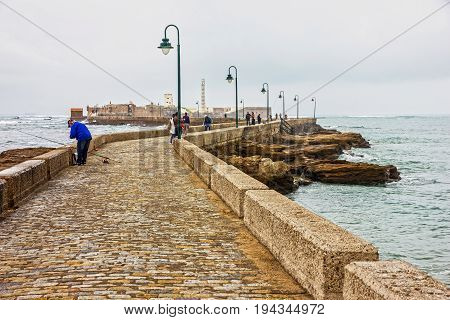 CADIZ, SPAIN - APR 3 2017: Kadiz beach San Sebastian fortress, Spain