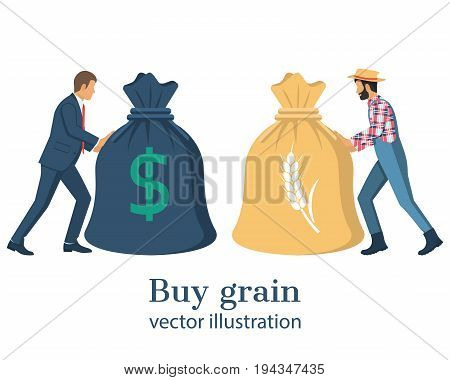 Buy grain. Business meeting businessman and farmer. Transaction of sale crops. Agricultural income concept. Push big bag with money and grain. Agribusiness background, isolated. Vector flat design.