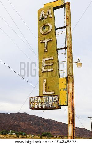 Ludlow California USA - October 29 2015:The Bagdad Cafe from the 1960s along Route 66 in the Mojave Desert that was made famous upon the release of the 1987 German film under the same name.