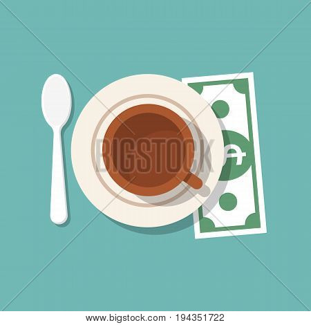 Tip on restaurant table. Money for services. Gratuity icon concept. Cup of coffee, spoon, dollar, plate saucer. Thanks to waiter. Tipping welcome template. Vector flat design. Isolated on background.