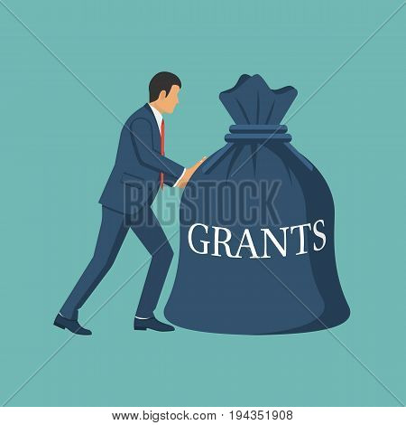 Grant funding, business concept. Vector illustration flat design. Isolated on background. Businessman carry bag of money in hand for financial support on training, treatment. Financing.