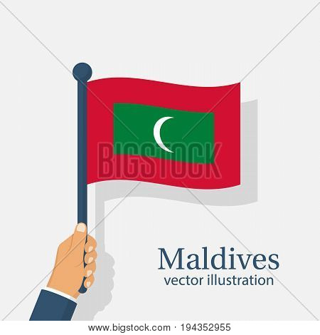Maldives Independence Day 26 th July. Man is holding a flag in hand, waving in wind. Vector illustration flat design. Isolated on white background. National celebration, an event of the year.