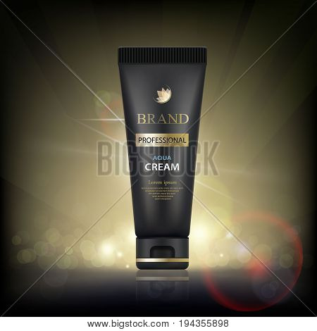Black plastic tube with cream. Mock up container for cosmetics. Spa procedures and skin hygiene. Stock vector illustration