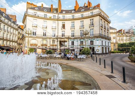 NANTES, FRANCE - May 27, 2017: View on the crowded with tourists Graslin square with restaurants and cafes in Nantes city in France