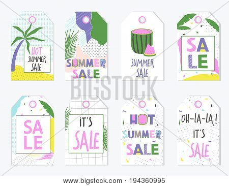 Summer sale labels and gift tags with hand drawn lettering and textures. Vector illustration