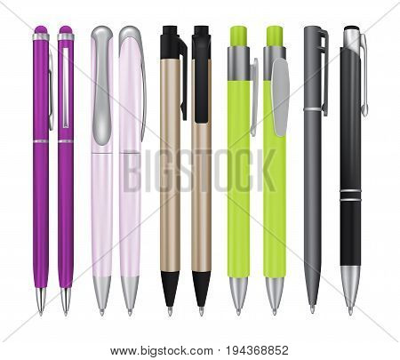 Set of Realistic Ball Pens Isolated on White Background. 3d Ballpoint or Biro Collection for Mockup