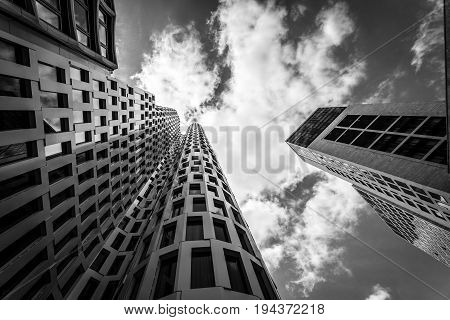 BERLIN - JUNE 17 2017: Upper West (Atlas Tower) and Zoofenster (Waldorf Astoria Hotel by Hilton) - new skyscrapers at tne Breitscheidplatz in West Berlin. Black and white.
