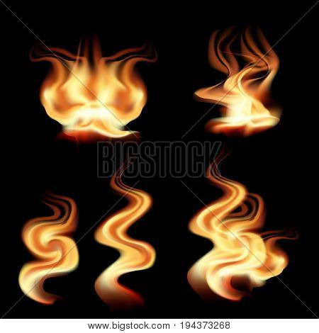 vector realistic fire flames collection isolated on black background. Burning spruts of flame effect with sparkles. Graphic design clip art for web and print. Editable layered illustration