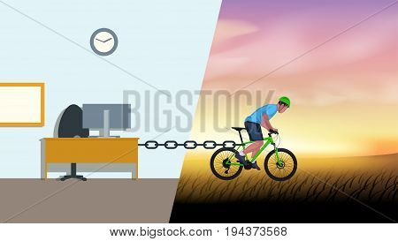 illustration of man riding on bicycle and office work stop him