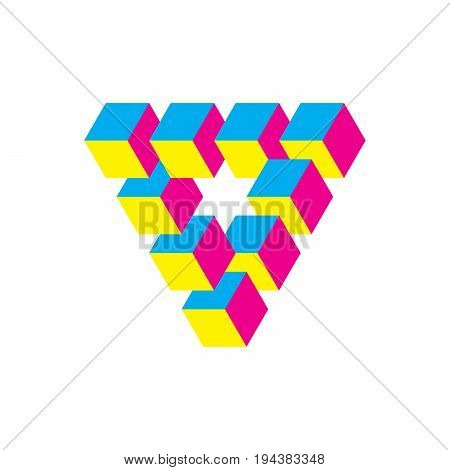 Impossible triangle in CMY colors. Cubes arranged as geometric optical illusion. Reutersvard traingle. Vector illustration.
