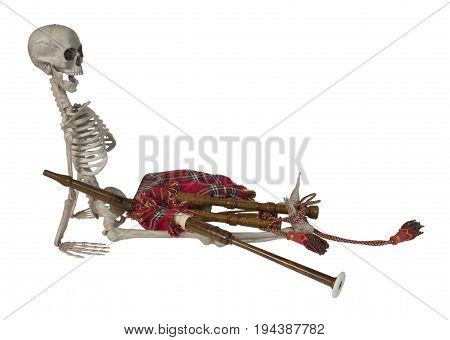 Skeleton with Traditional Scottish Bagpipes with Reeds and Bag - path included