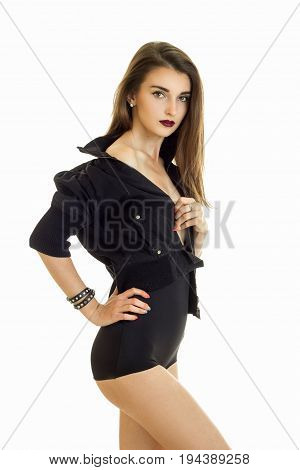 vertical portrait cute hot girl in black suit and with dark lipstick on lips isolated on white background