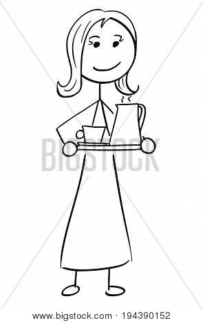 Cartoon vector stick man stickman drawing of woman female secretary assistant holding a tray plate with coffee tea mug and kettle