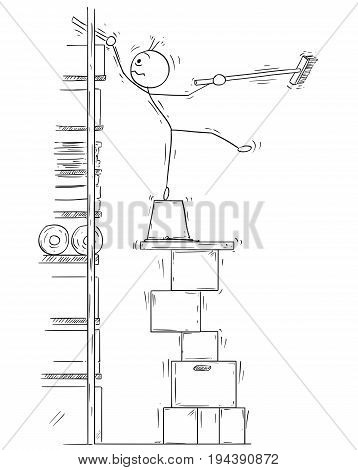 Cartoon vector stick man stickman drawing of man balancing on the top of the high stack of paper boxes with broom broomstick in his hand