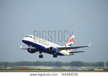 Amsterdam the Netherlands - July 6th 2017: G-LCYD BA CityFlyer Embraer ERJ-170STD takeoff from Polderbaan runway Amsterdam Schiphol Airport