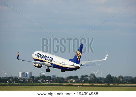 Amsterdam the Netherlands - July 6th 2017: EI-FTW Ryanair Boeing 737-800 takeoff from Polderbaan runway Amsterdam Schiphol Airport