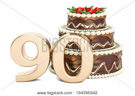Chocolate Birthday cake with golden number 90 3D rendering isolated on white background