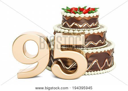Chocolate Birthday cake with golden number 95 3D rendering isolated on white background